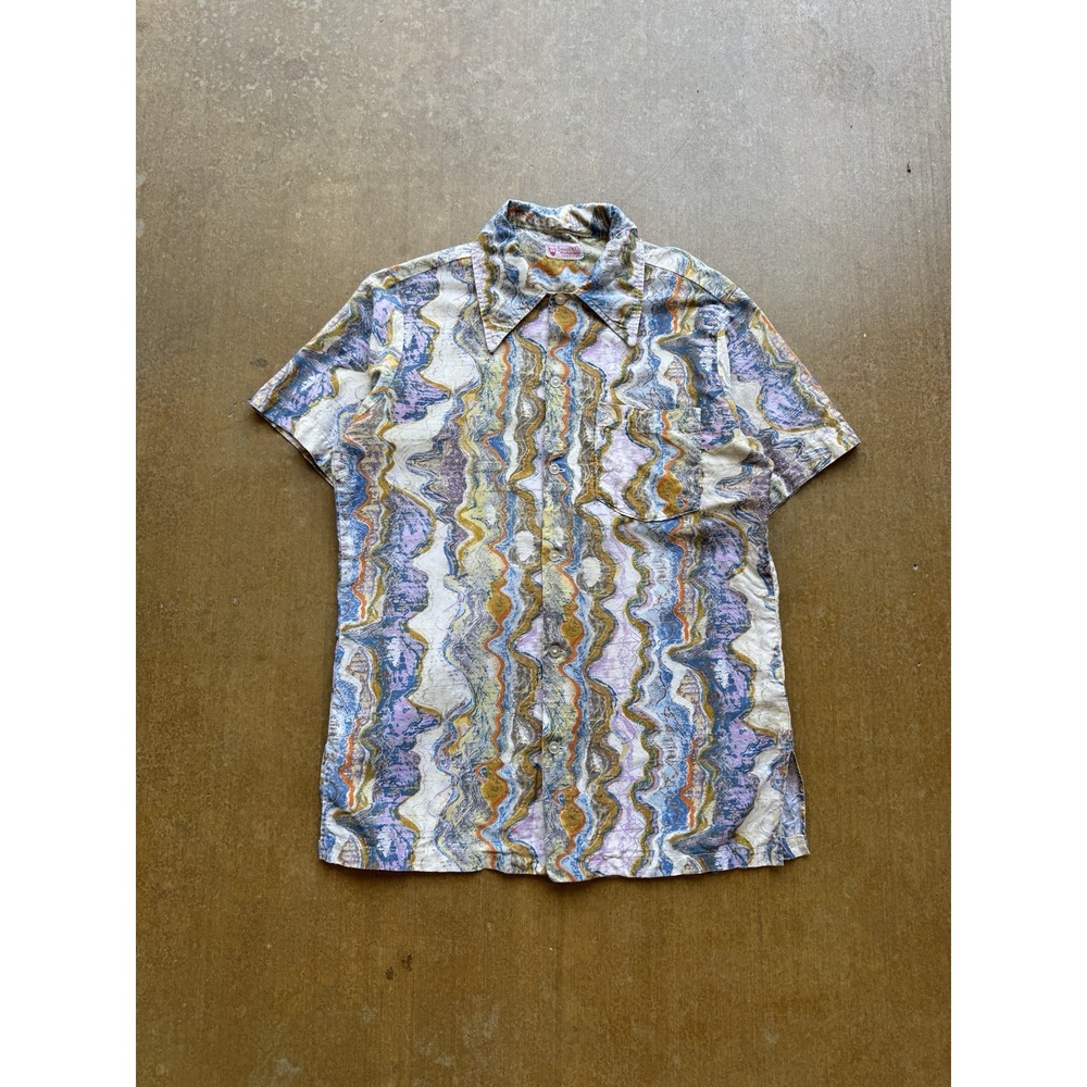 VTG 60s 70s Beard & Co Psychedelic AOP Button Up Shirt Short Sleeve Novelty M